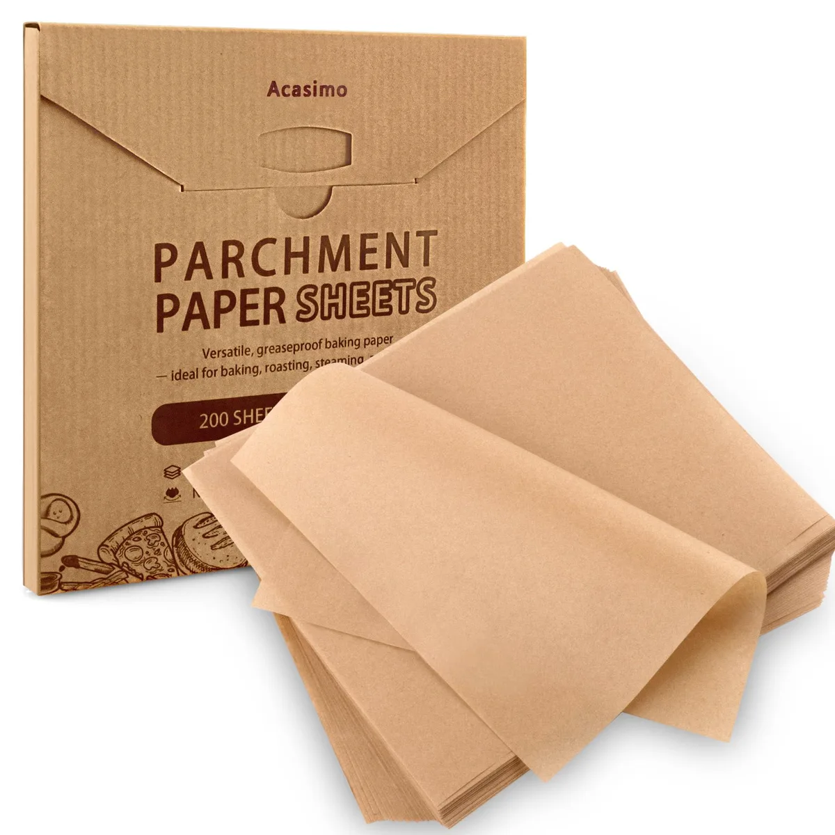 Stack of 200 brown parchment paper squares, 8x8 inches, unbleached wood pulp, pre-cut sheets in compact box