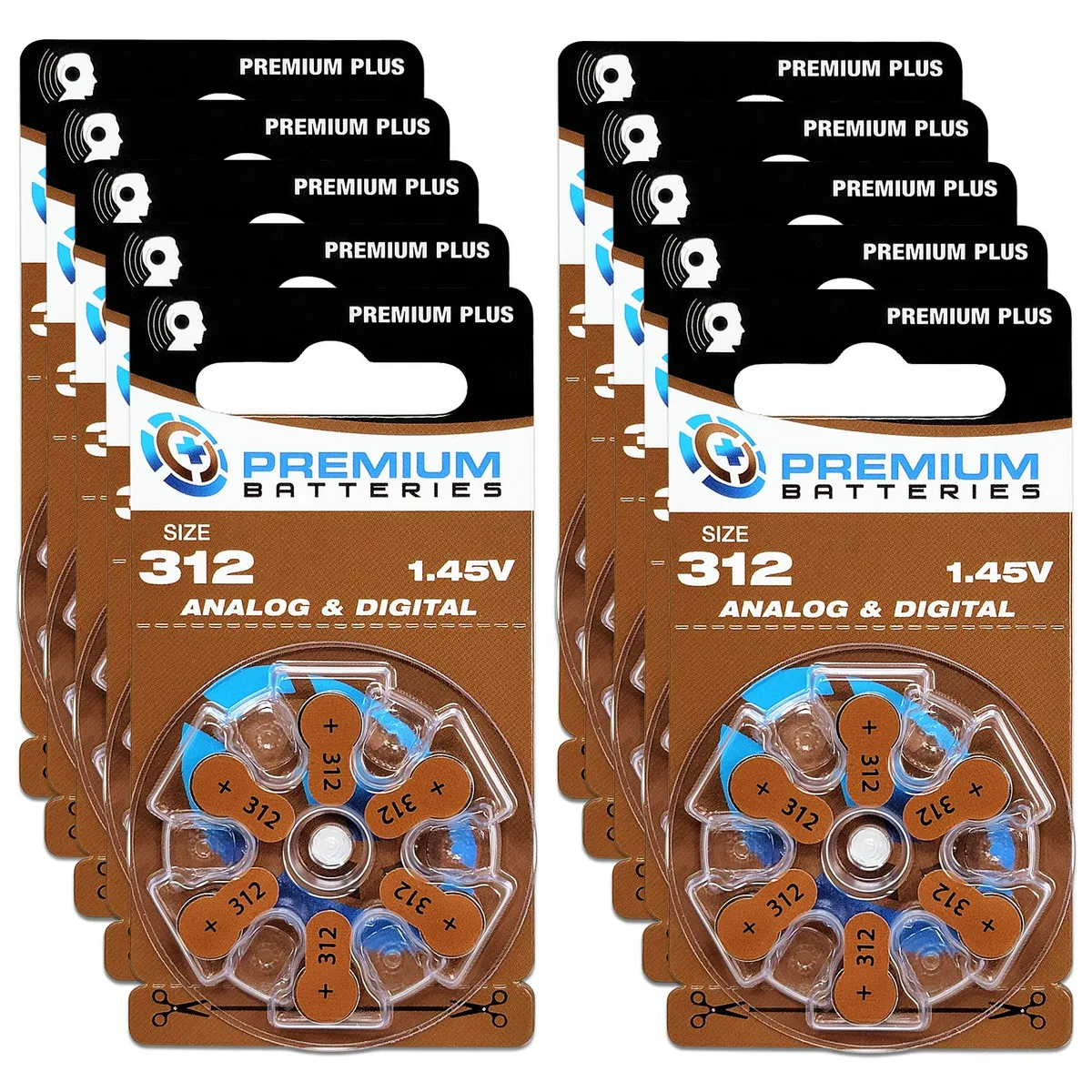 Cardboard dial-pack holding sixty brown size 312 hearing-aid batteries