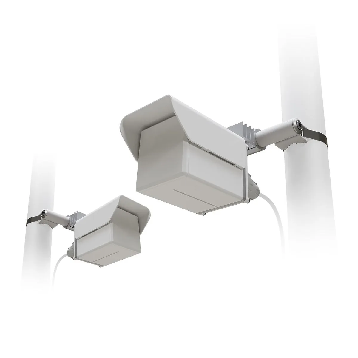 Two white cube-shaped wireless devices with integrated directional antennas