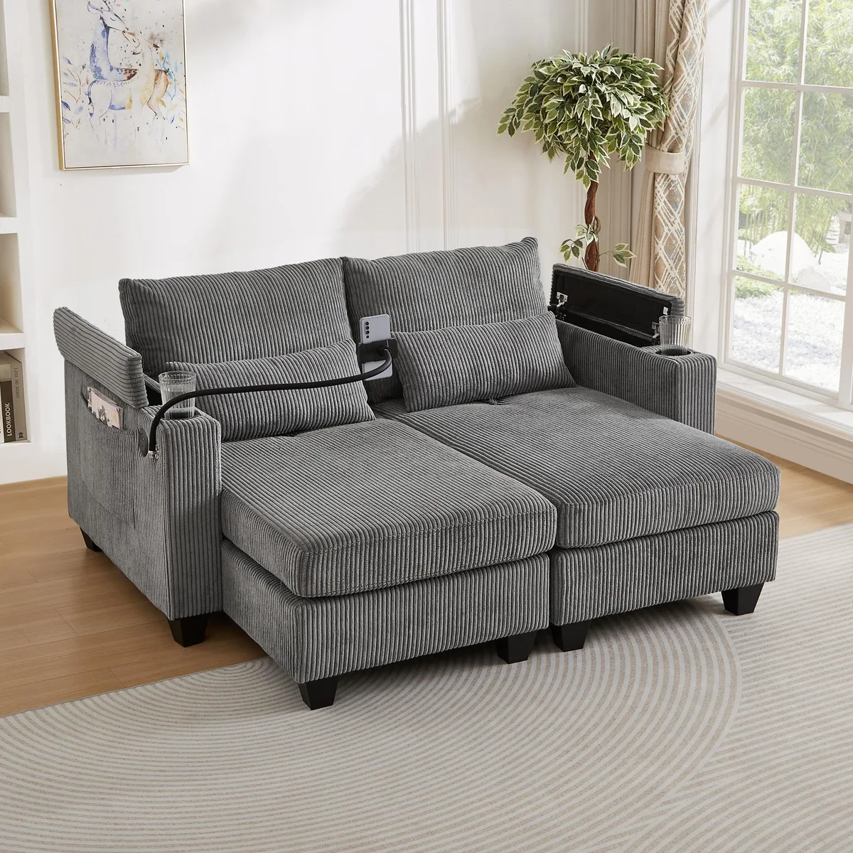 Grey corduroy convertible chaise lounge loveseat with USB ports and cup holders