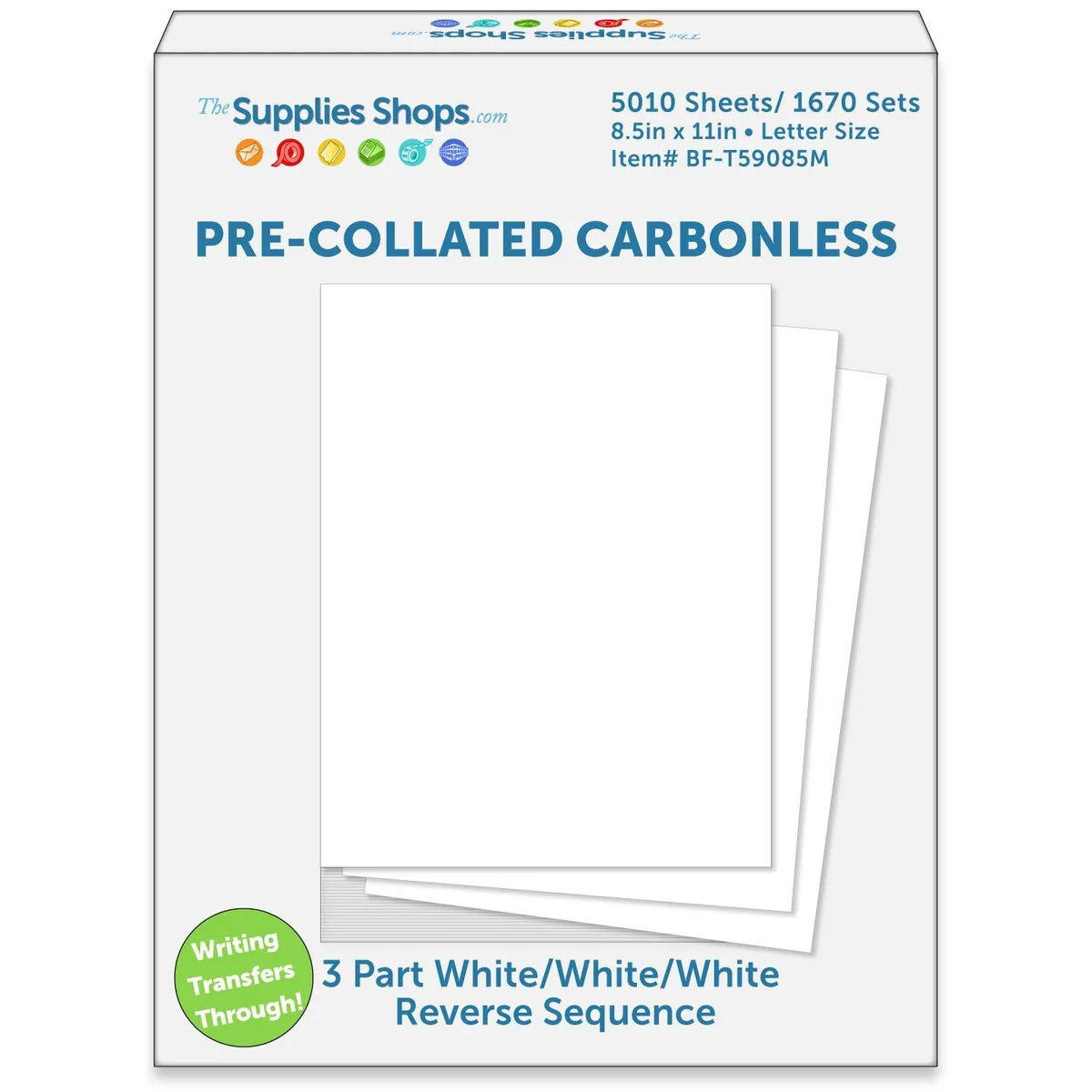 Carton of white three-part carbonless paper sheets