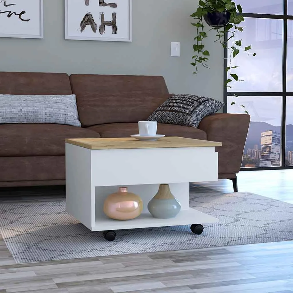 Rectangular multicolor engineered wood coffee table with lift top, open shelf and locking casters