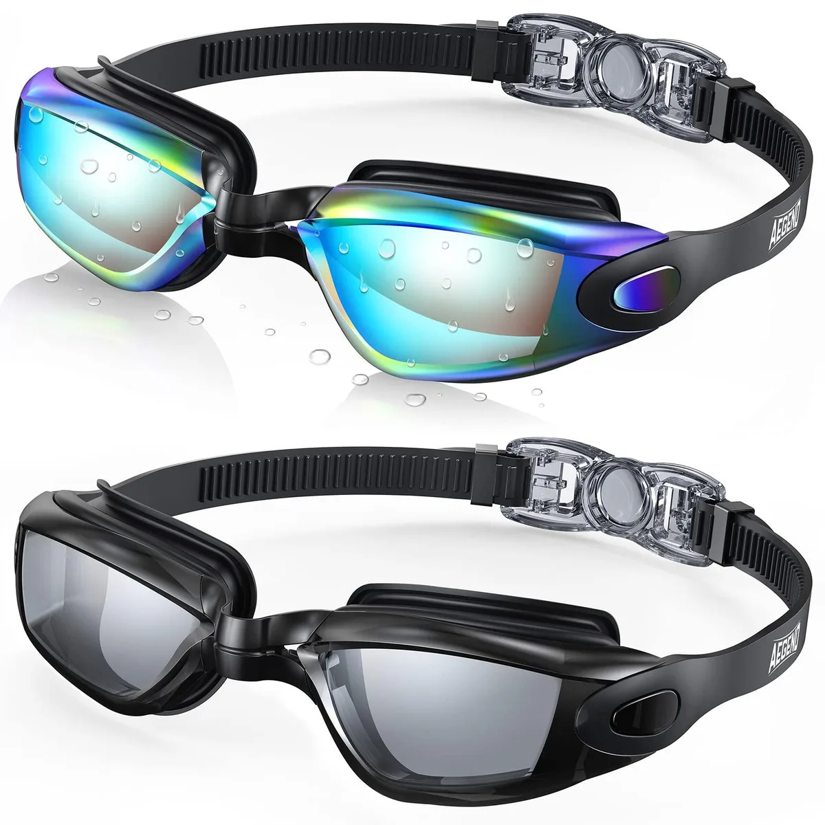 Two pairs of blue silicone swimming goggles, one clear and one mirrored, with two hard cases