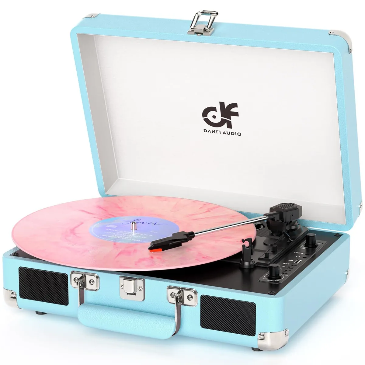 Blue suitcase-style turntable with built-in speakers, carrying handle and front controls