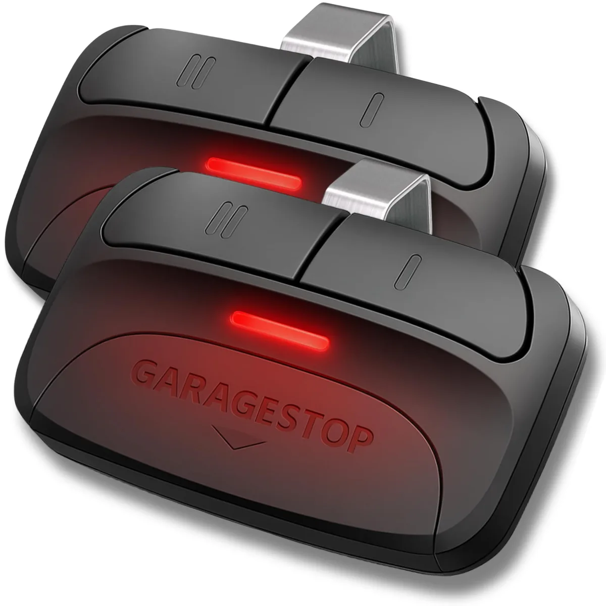 Two compact garage door remote controls with visor clips