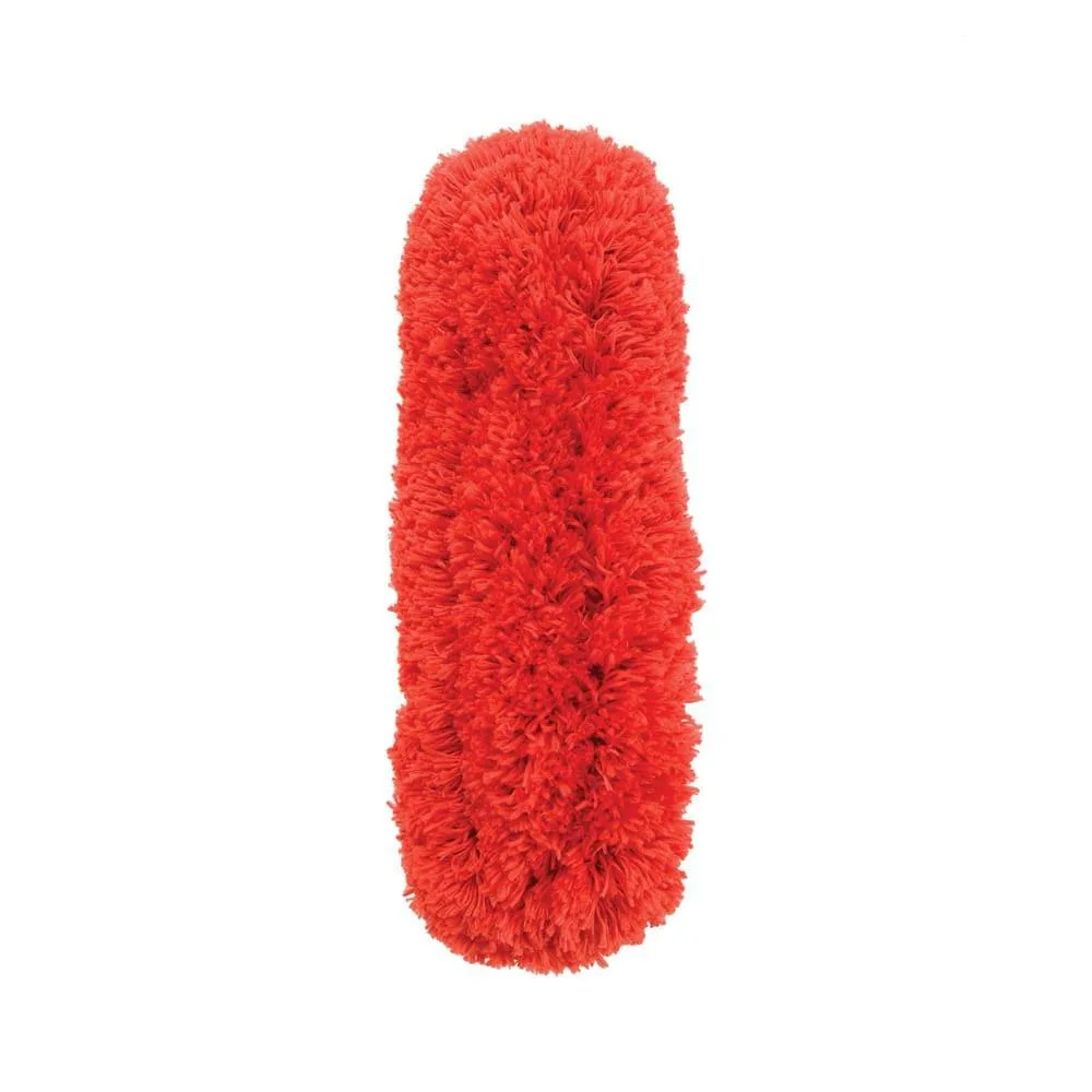 Red microfiber duster refill head, slim rectangular shape, soft textured fabric, black plastic attachment clip