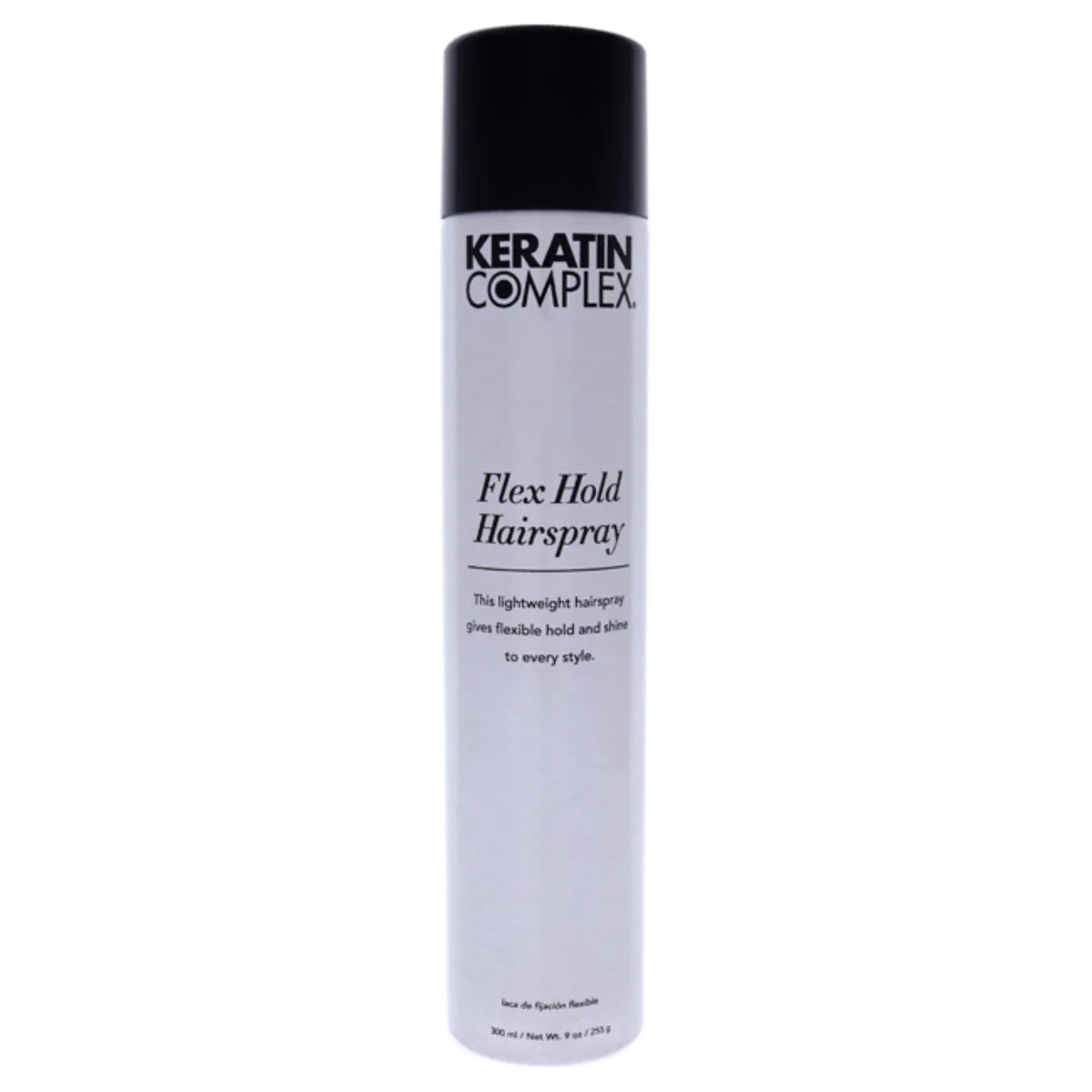 A 9 oz aerosol hairspray can with Keratin Complex branding