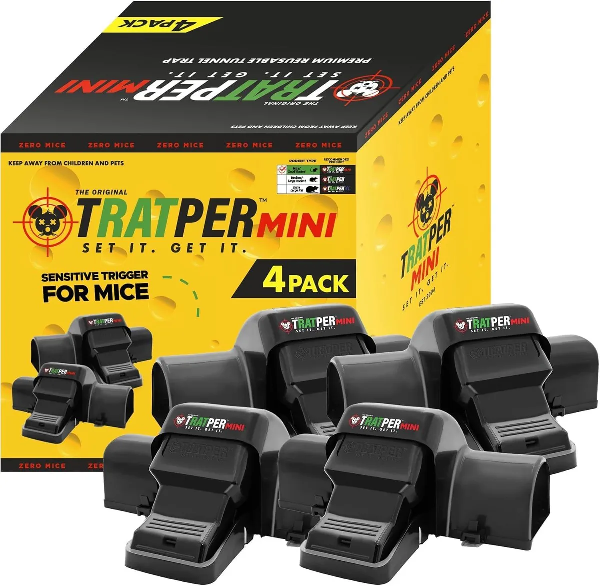 Four small rectangular plastic mouse traps in a tunnel design