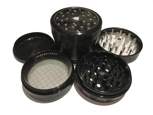 Black four-piece herb grinder with transparent lid and aircraft-grade aluminium body