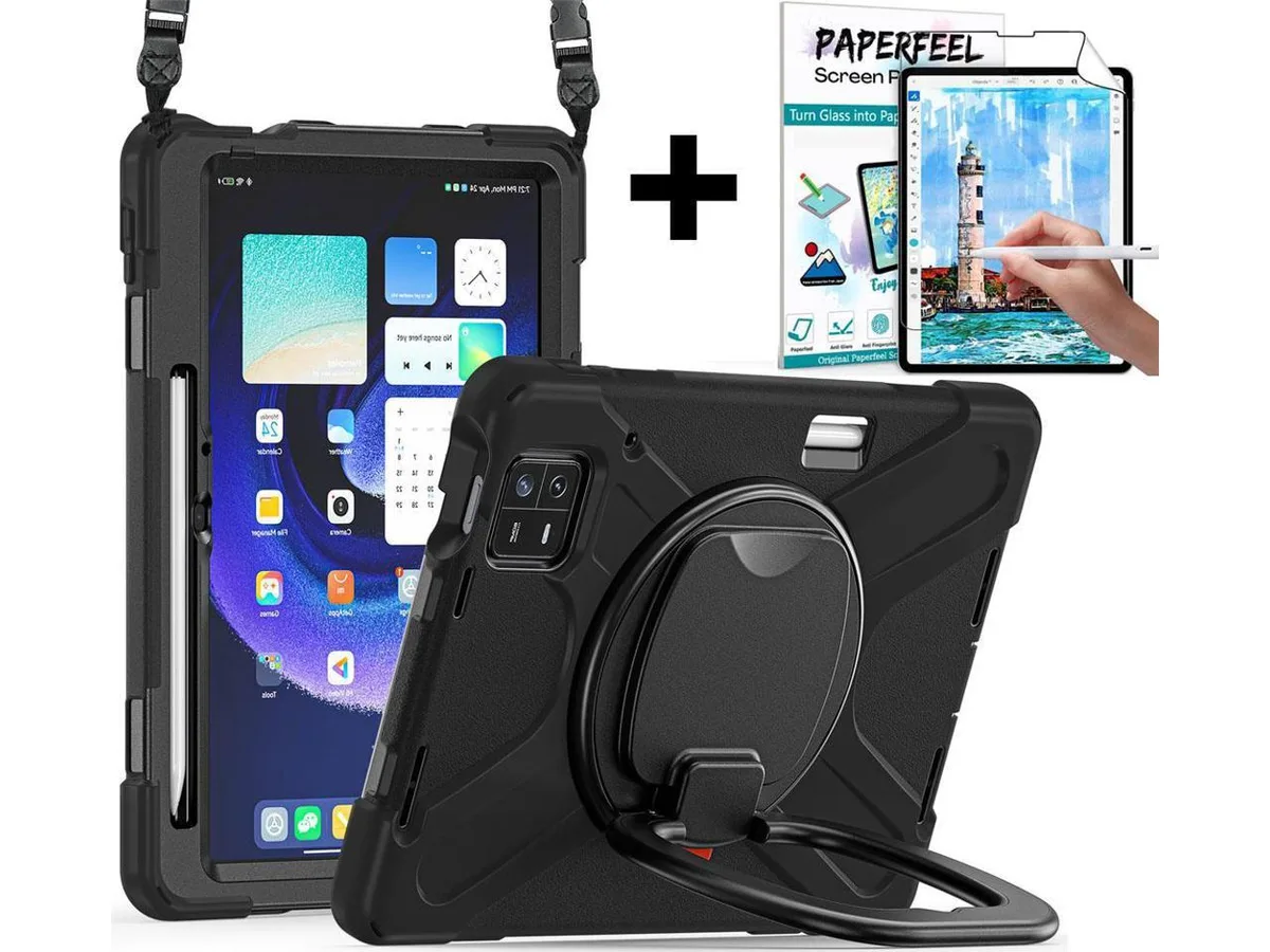 Black protective case for 11.2 inch 2023 tablet with hand strap, kickstand and shoulder strap