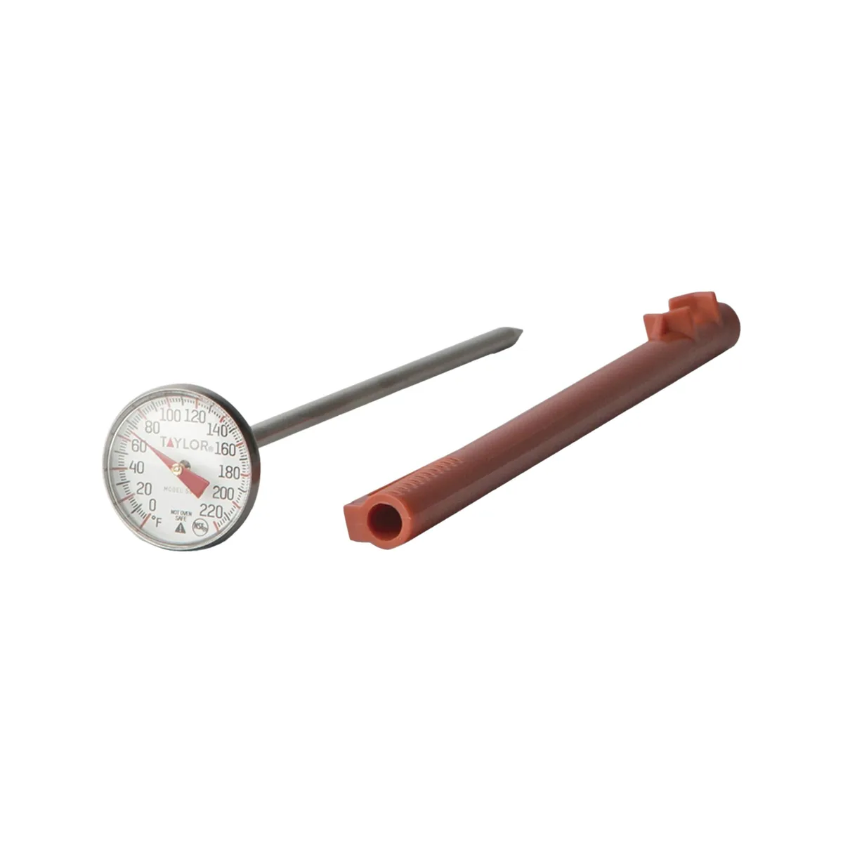 Silver analog meat thermometer with one inch dial and red pocket sleeve