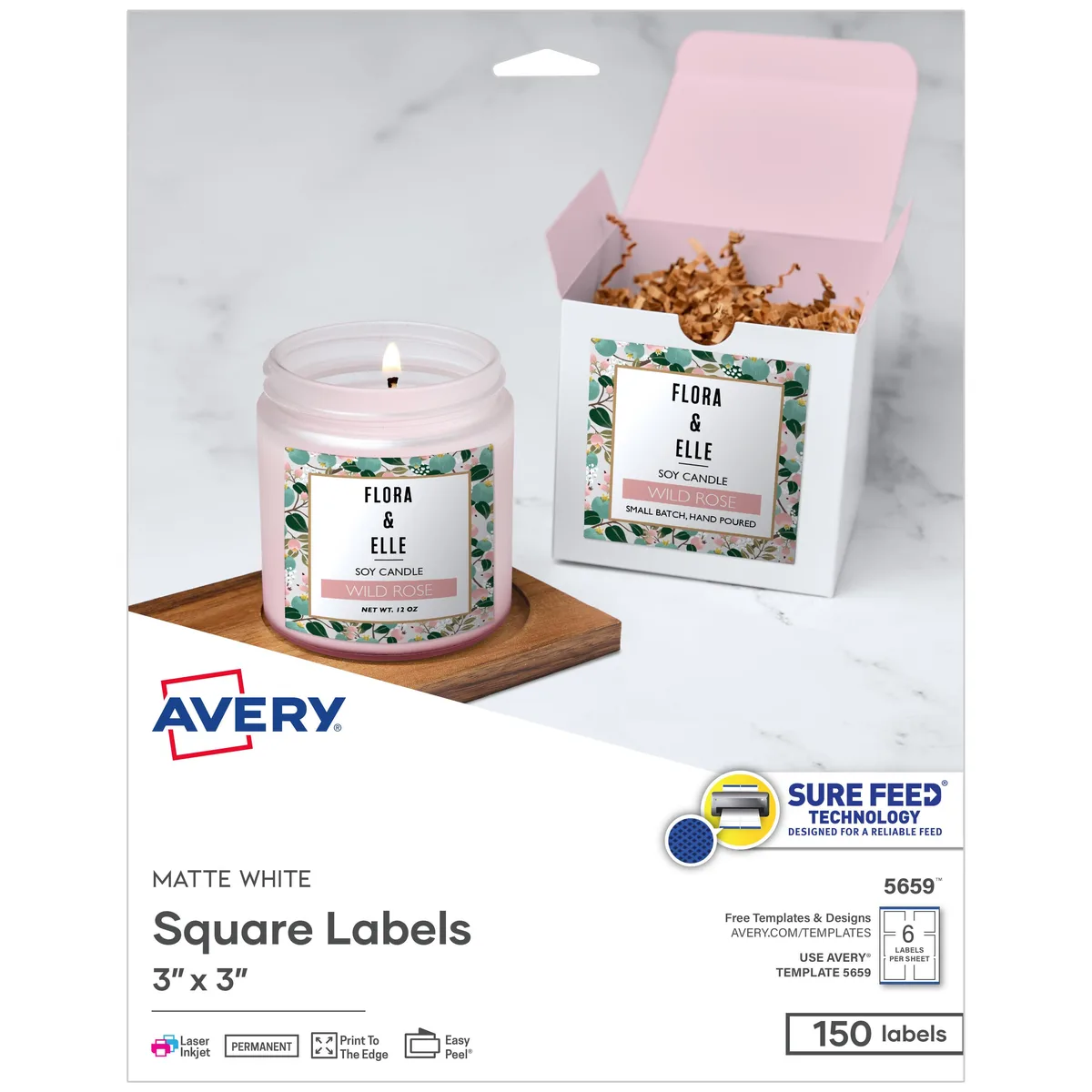 Pack of 150 white square Avery 5659 label sheets