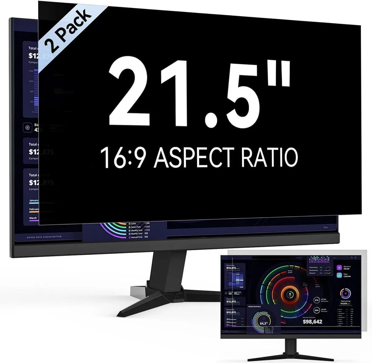 Two 21.5 inch privacy screen filters for 16:9 monitors with reversible matte and glossy finishes