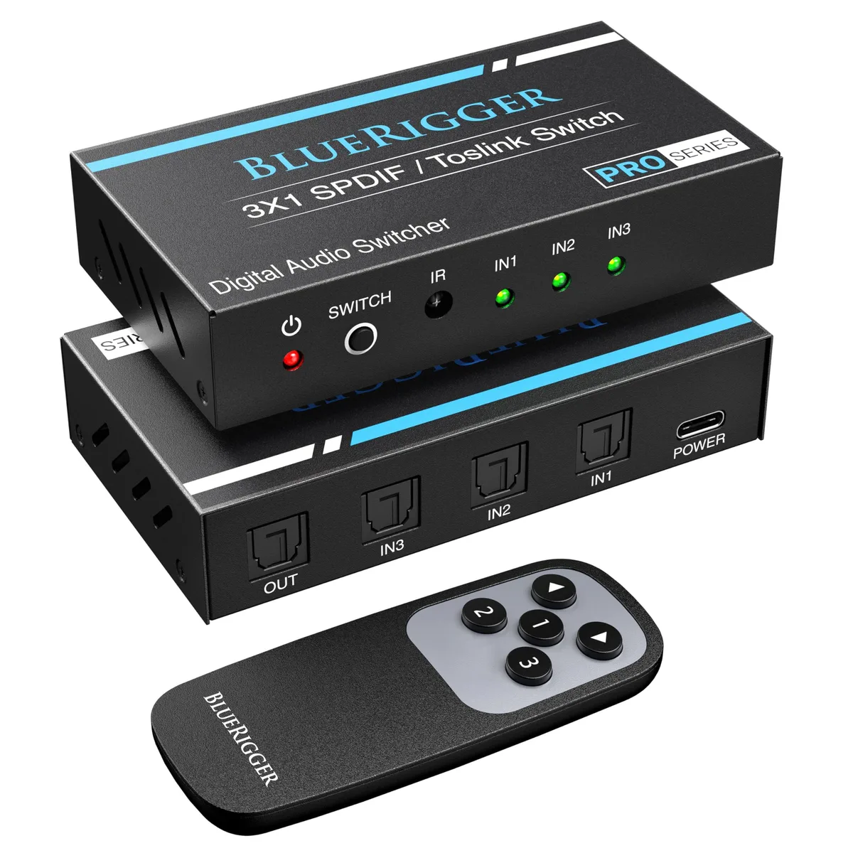 Small black metal box with three Toslink inputs one output and an IR remote