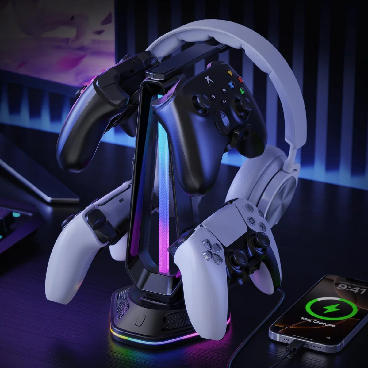  PHILIPS WFL900/H RGB Headset Stand 12 Light Modes 2 USB Ports Black — product photo