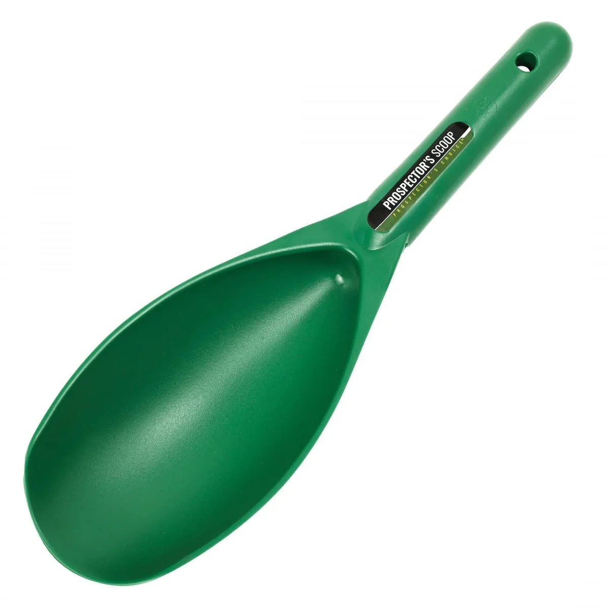Green plastic prospecting sand scoop 12.5 inches long with lanyard hole