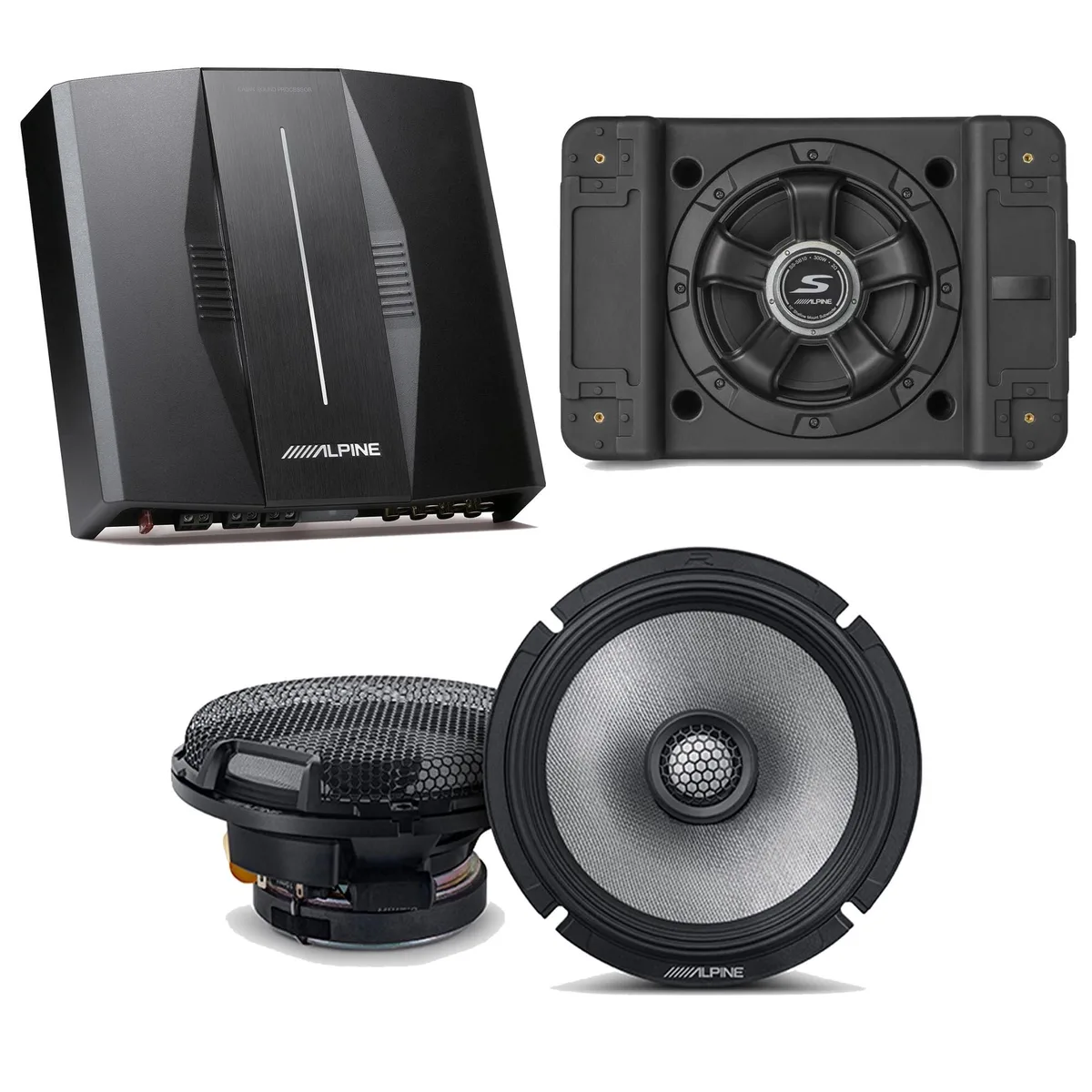 Alpine Alpine PXE-C80-88 OPTIM8 bundle with SS-SB10 subwoofer and R2-S65 speakers — product photo