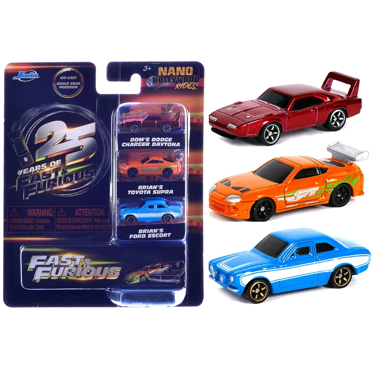 Jada Jada Fast &amp; Furious 25th Anniversary 3-Piece Set #2 Nano Hollywood Rides Diecast Cars hobby collectible — product photo
