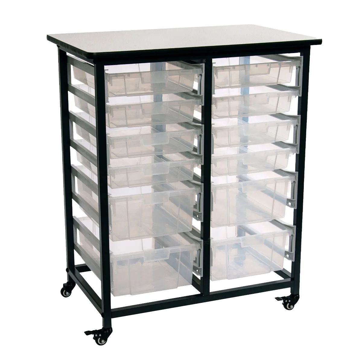 Mobile bin storage unit with clear plastic tubs on steel frame with casters