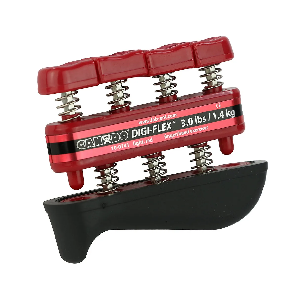 Red rubber hand exerciser with finger buttons and palm bar