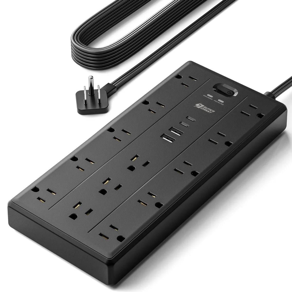  SUPERDANNY 10ft Flat Extension Cord 17-in-1 Surge Protector 2100J 13A — product photo