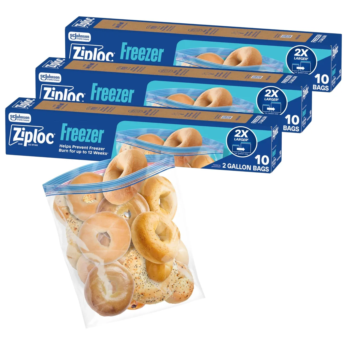 Pack of thirty beige plastic freezer bags in three boxes