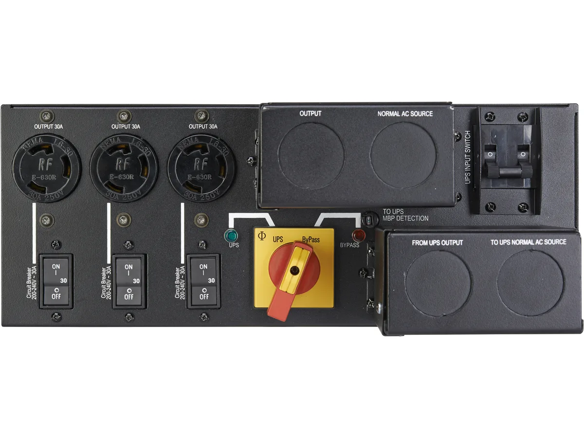 Silver 3U rack-mount bypass module with hardwired terminals and three NEMA L6-30R outlets