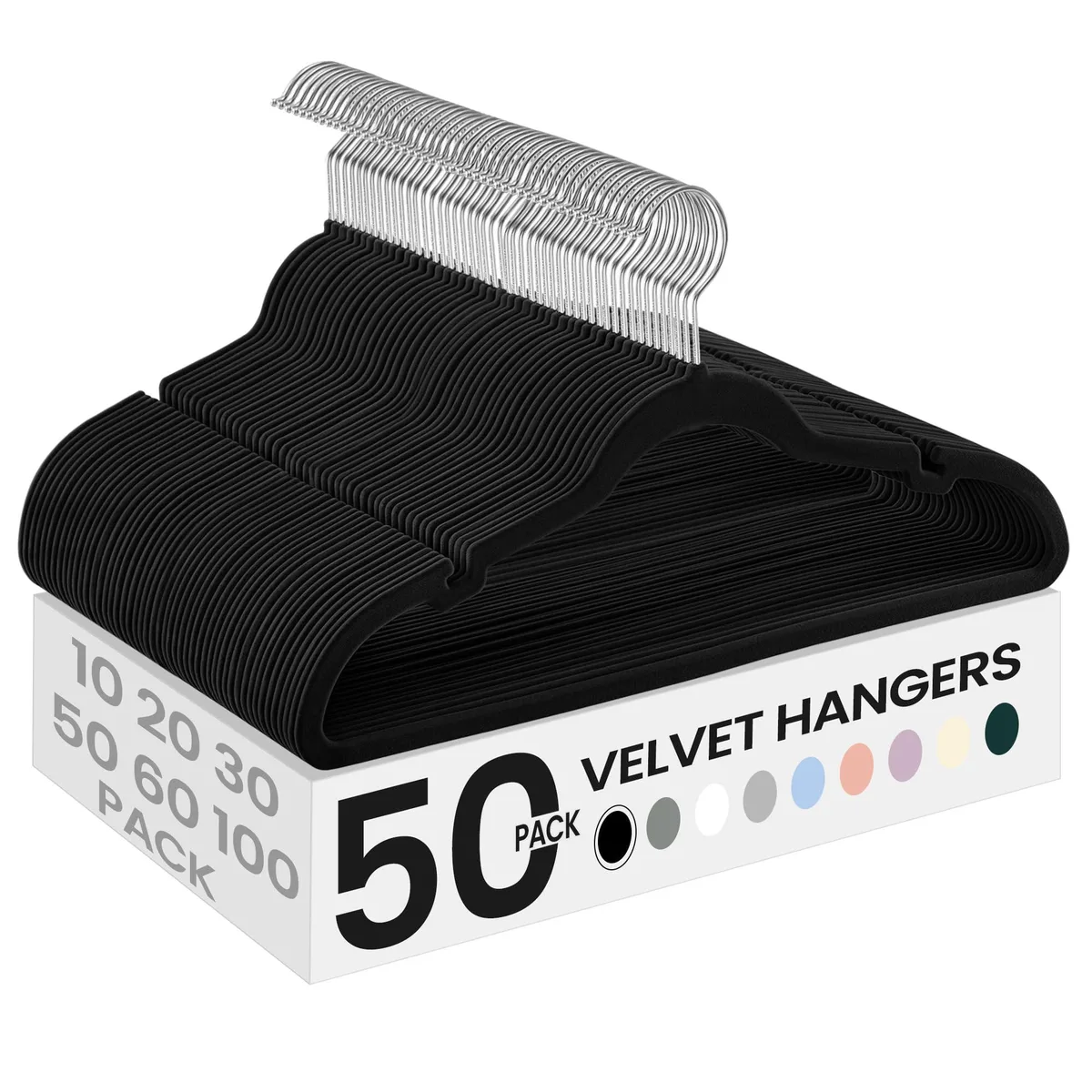 Pack of fifty ink-black velvet hangers with metal swivel hooks