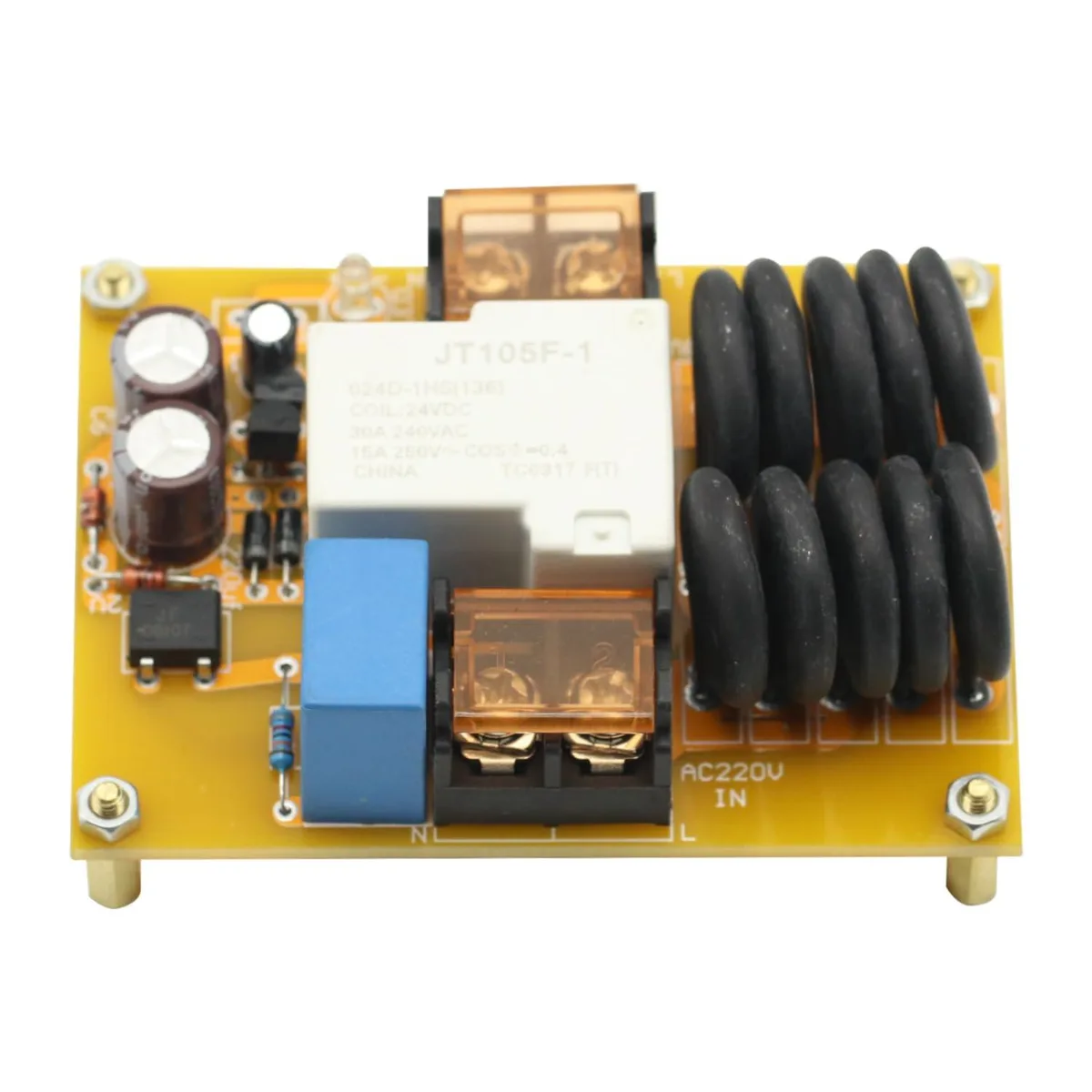 Green printed circuit board with relay, ten thermistors and two screw terminals