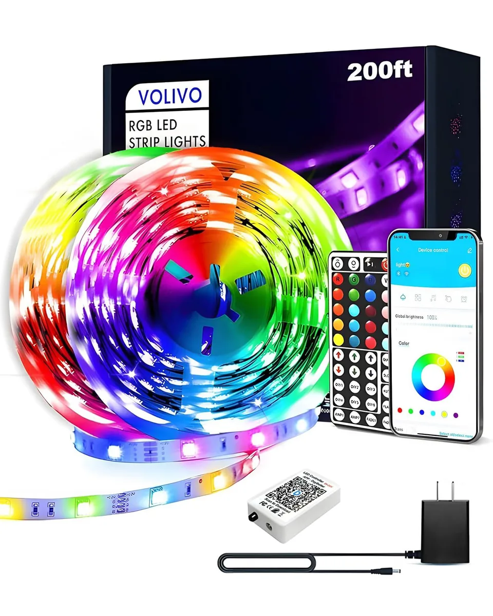 Two 100 ft white acrylic LED strips on reels, Bluetooth app and 44 key remote control