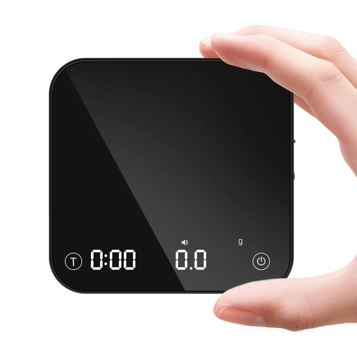 Two compact blue coffee scales with hidden LED displays and silicone pads