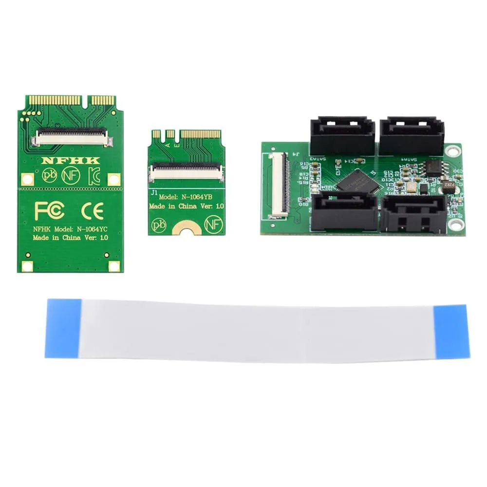 Small green circuit board with Mini PCI-E and NGFF A+E key connectors plus four SATA ports