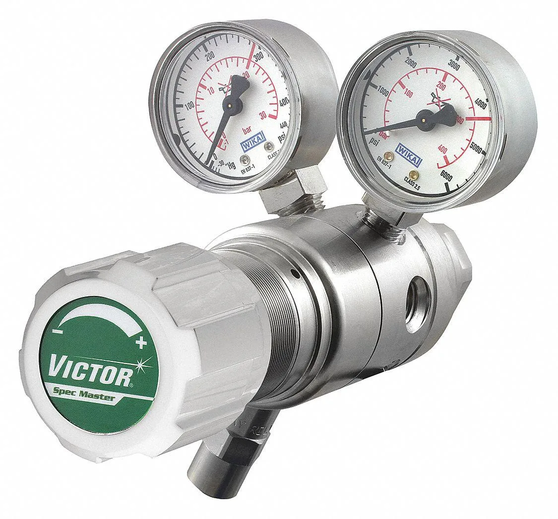 Victor 4000-9364 two-stage CGA 580 gas regulator nickel-plated brass body 1.97 in diameter two gauges