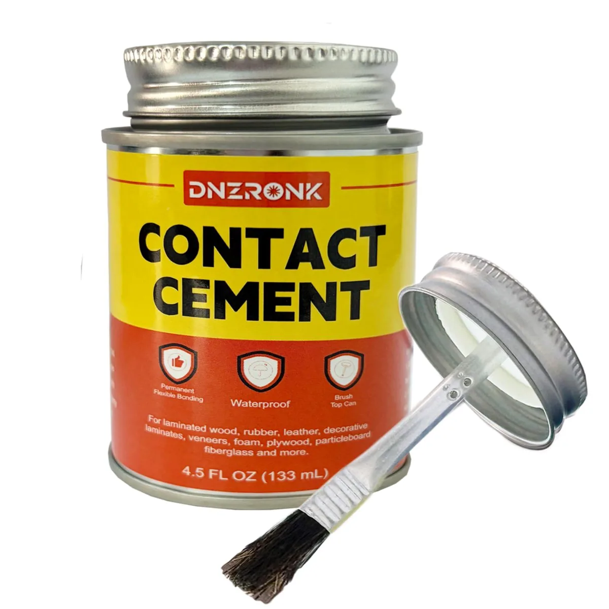 Small orange metal tin with built-in brush cap, 4.5 oz liquid adhesive