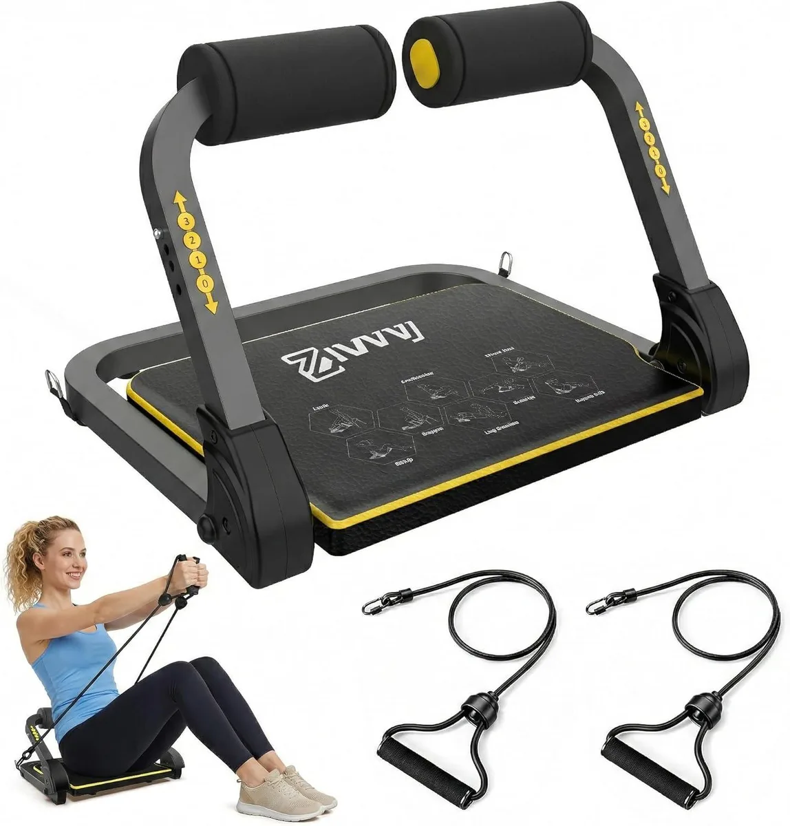 Foldable steel ab machine with padded seat backrest and resistance bands attached