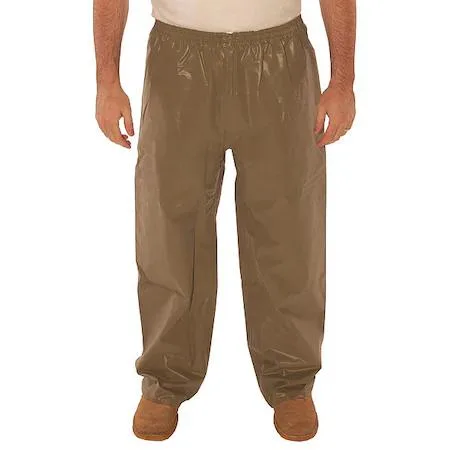 Tan nylon flame-resistant rain pants, taped seams, open ankles, lined interior
