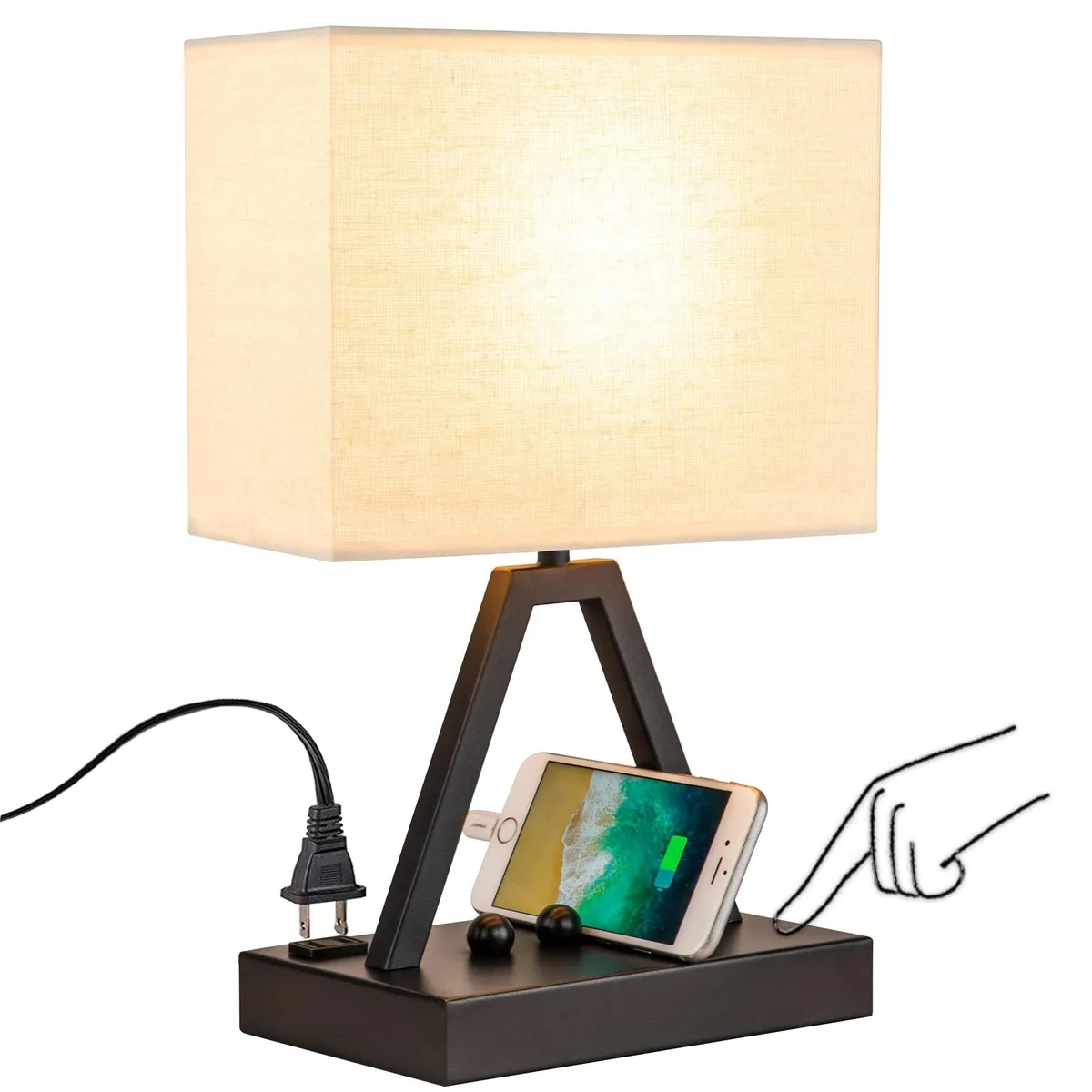 Black rectangular table lamp with fabric shade, metal base, touch pole and phone-stand beads