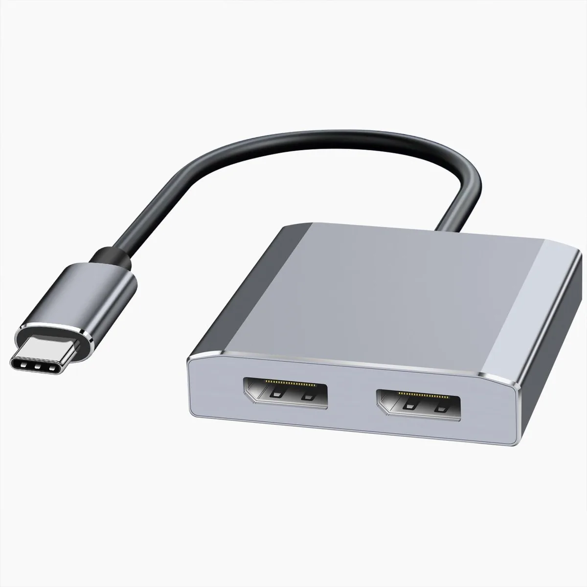 Compact USB-C adapter with aluminium body and two DisplayPort sockets