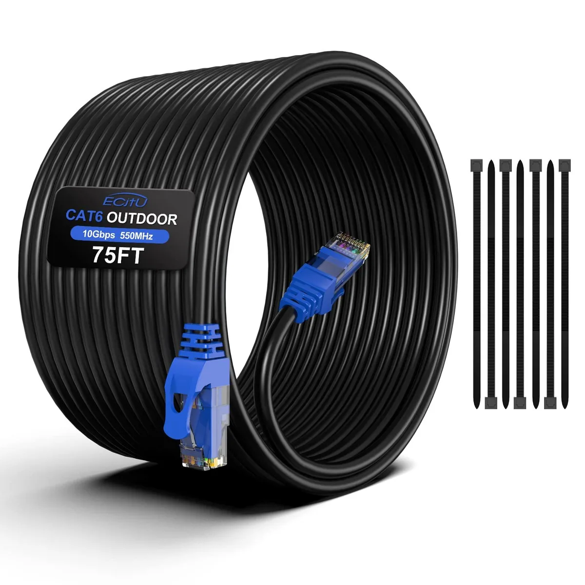  ecjtu Cat6 Outdoor Ethernet Cable 75FT 24AWG CCA Waterproof UV Resistant 25 Cable Ties — product photo