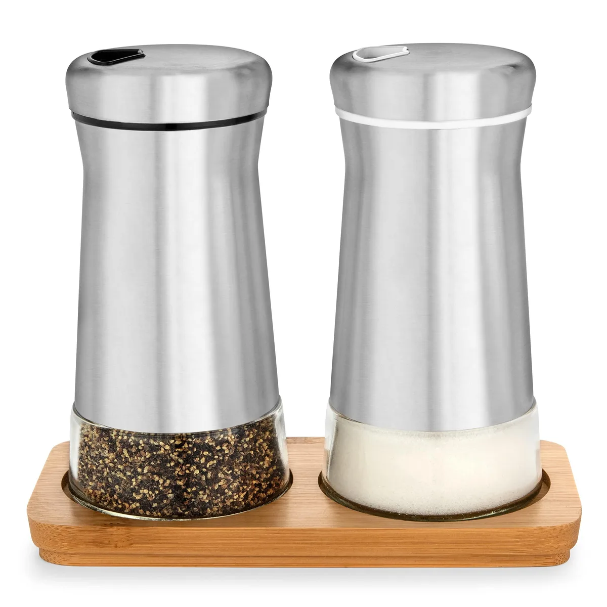 Kitchen-GO Salt & Pepper Shakers Set + Bamboo Stand Black 0.5 cup 4.5 in — product photo