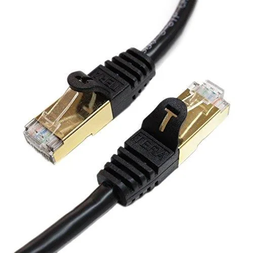 Black round CAT7 Ethernet cable 75 feet long with gold RJ45 connectors