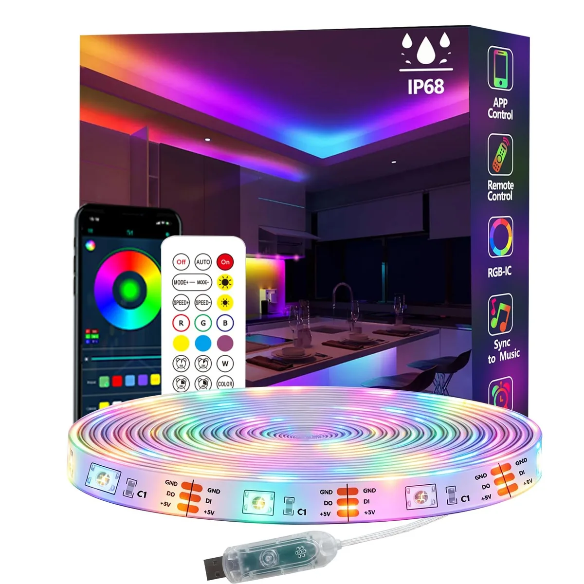 Baldwin 16.4FT WS2812 RGB+IC LED Strip IP68 5V USB — product photo
