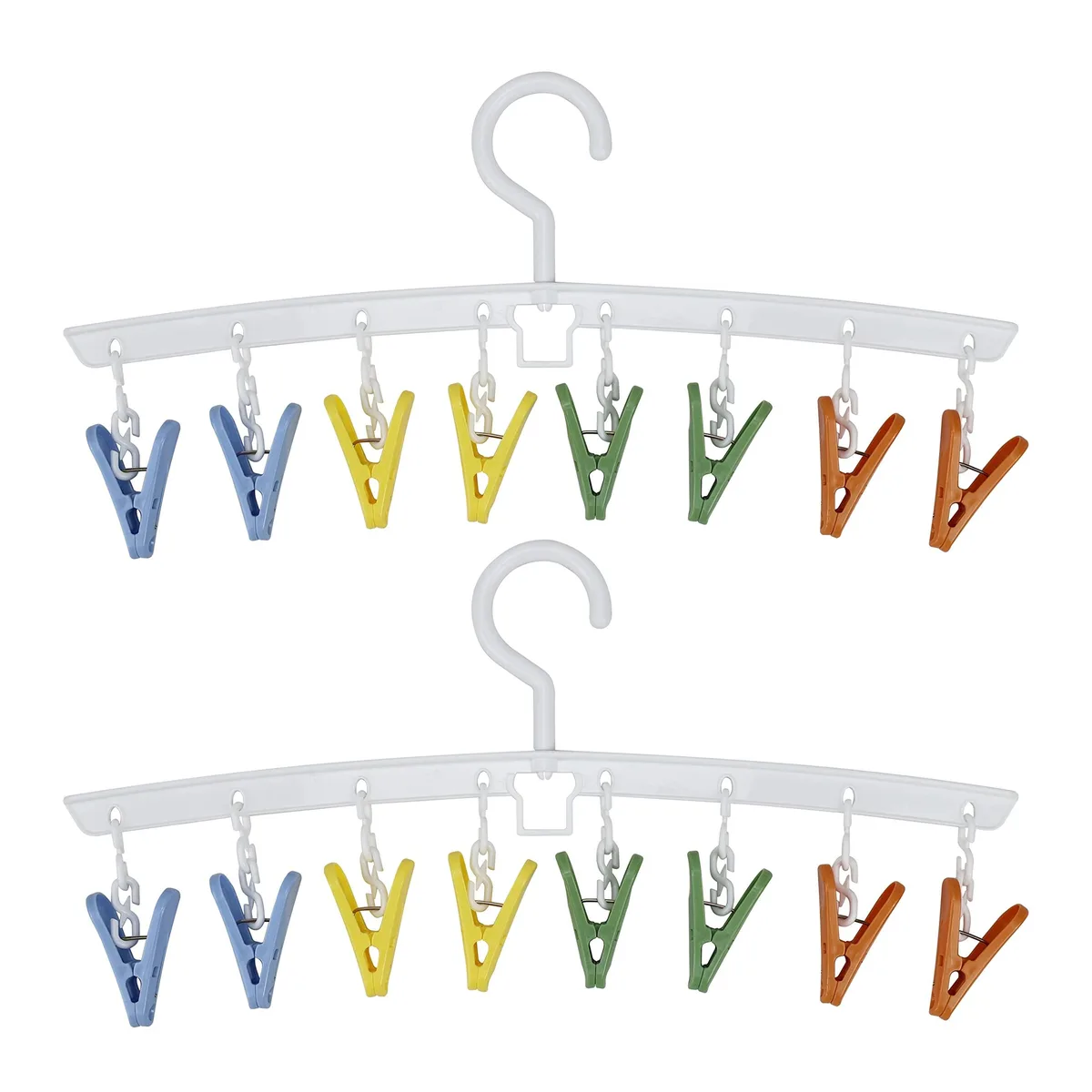 White plastic drying rack with eight clips and a swivel hook