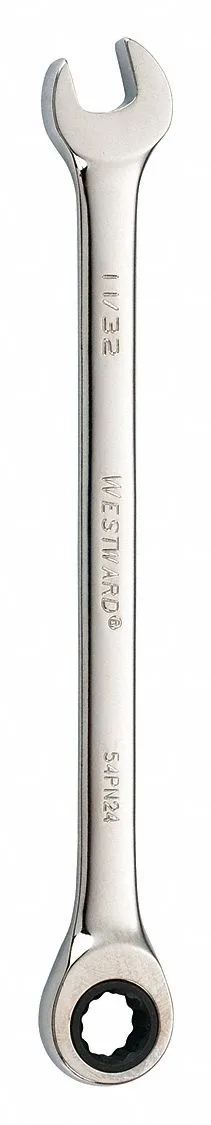Chrome combination wrench, 5 7/8 inch length, 11/32 head size, 15 degree offset