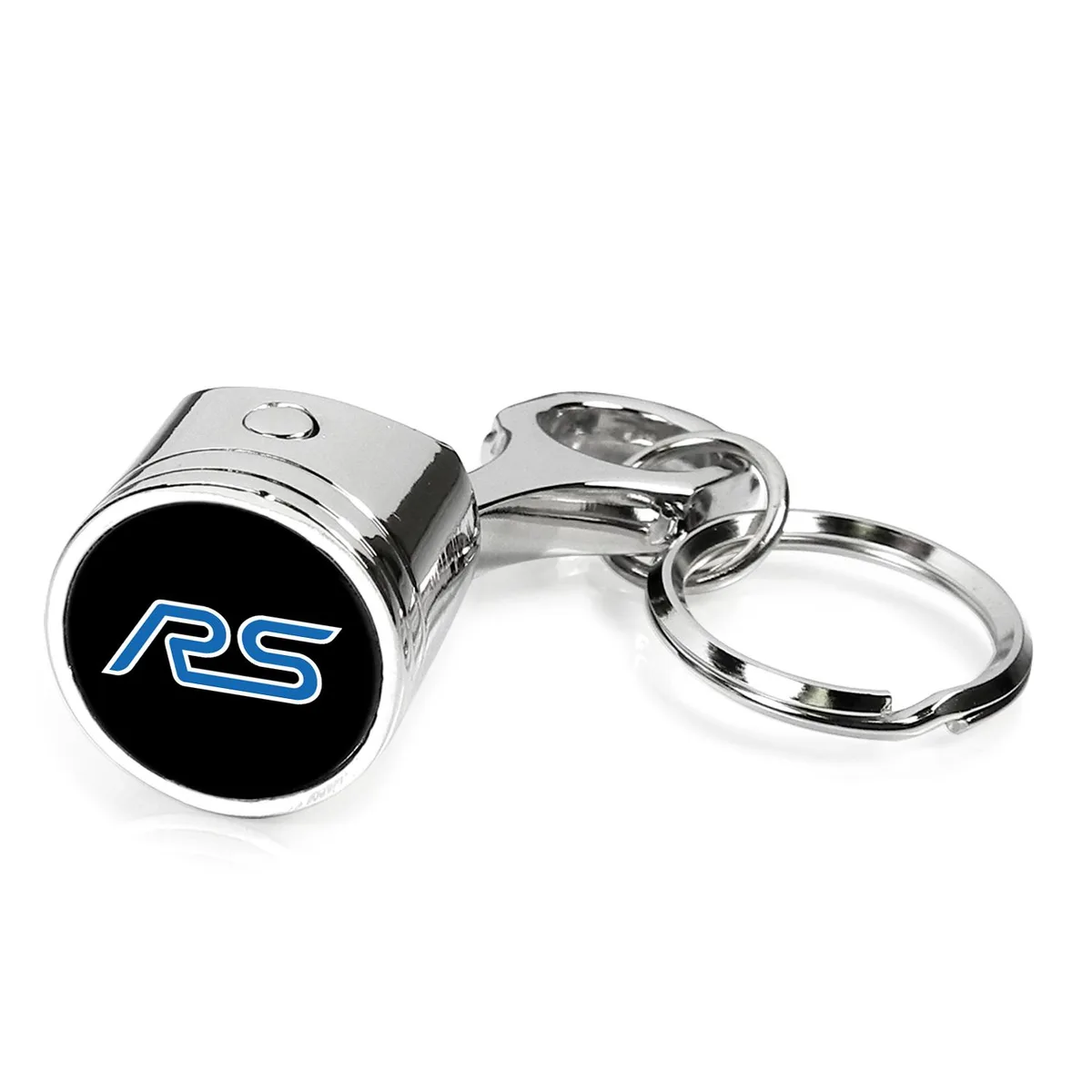 Miniature chrome piston and rod key chain with Ford RS logo dome