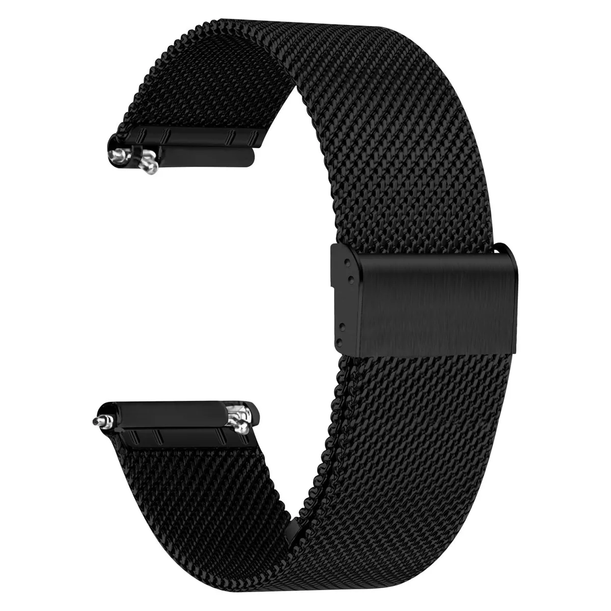 Black stainless steel mesh watch strap with quick-release pins and foldover clasp, 20mm lug width