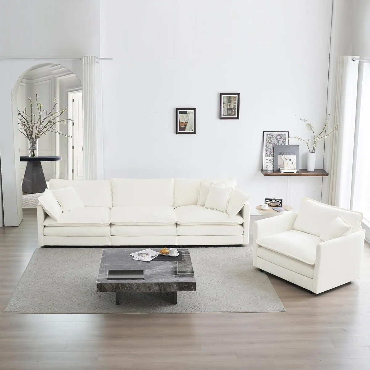White chenille three-piece sectional with one chair and three-seat sofa