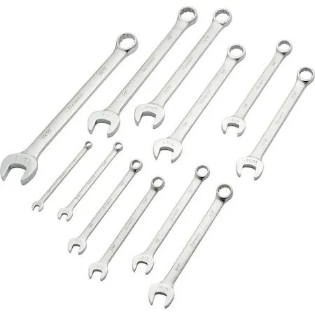 Twelve SAE combo wrenches in a canvas roll, satin chrome finish