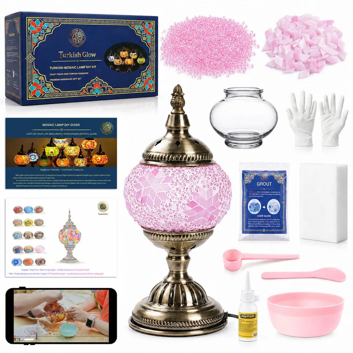 Pink mosaic glass globe lamp on antique bronze metal base, 4.72 by 9.84 inches