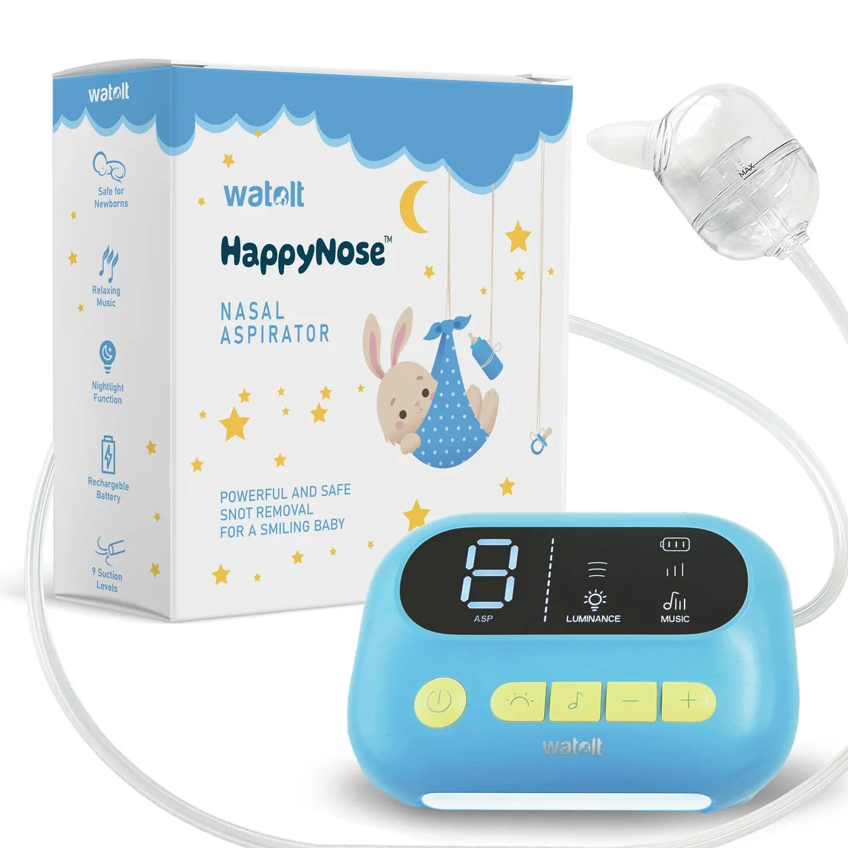 Blue rechargeable nasal aspirator with silicone tips and night light